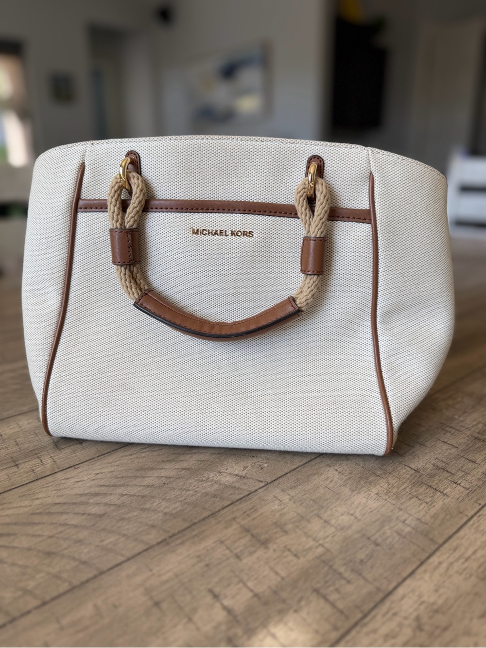 MICHAEL KORS Cream Canvas Tote with Brown Trim and Rope Handles